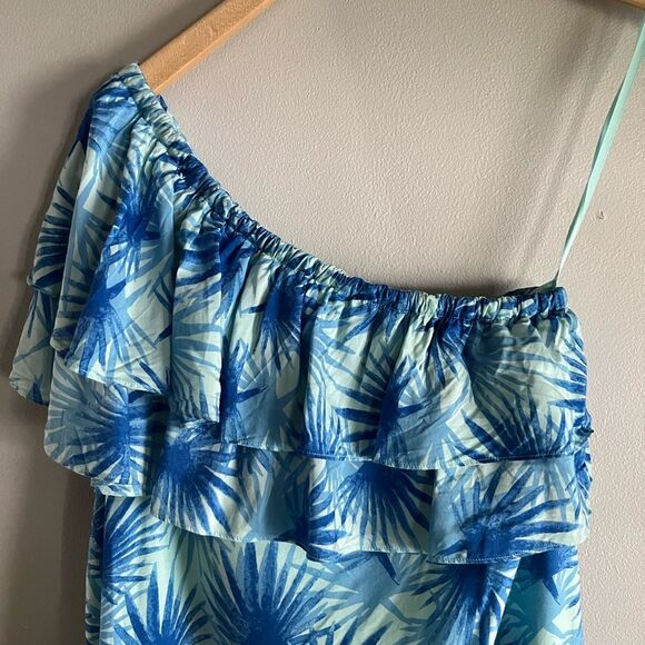VINEYARD VINES Palm Leaf One Shoulder Ruffle Midi Dress | Size 2 Blue Turquoise - Picture 3 of 8